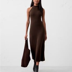 Banana Republic Ribbed High-Neck Midi Dress in Dark Brown